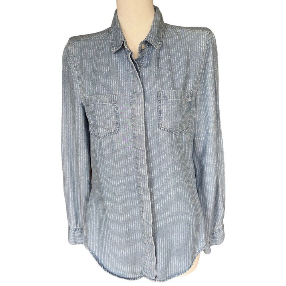 Alexander Jordan Striped Hi-Lo Long Sleeve Denim Button Up Shirt Pockets M